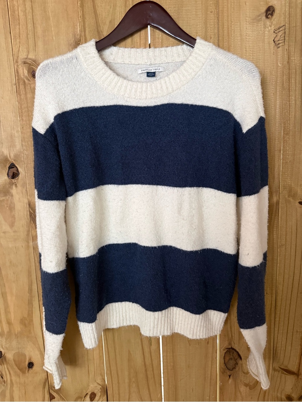 American Eagle Outfitters Navy and Cream Striped Crewneck Sweater